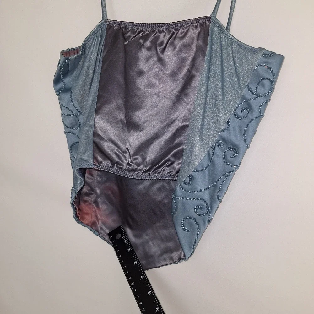 Curtain Call Costumes Blue Beaded Swirl Dance Top Pointed Hem Made in USA 10A
